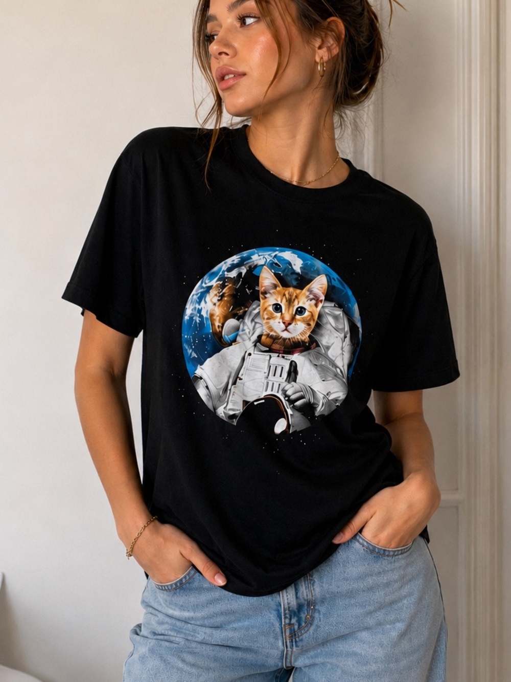 Astronaut Cat Graphic Tee Black Space Kitten T-Shirt M